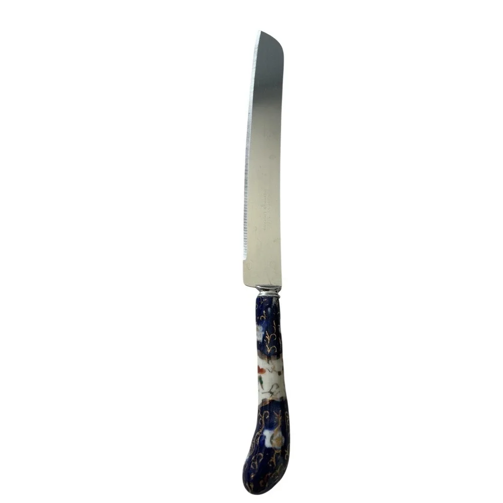 Sheffield England Stainless Steel Bread Knife Cobalt‎ Blue Porcelain Gold Handle